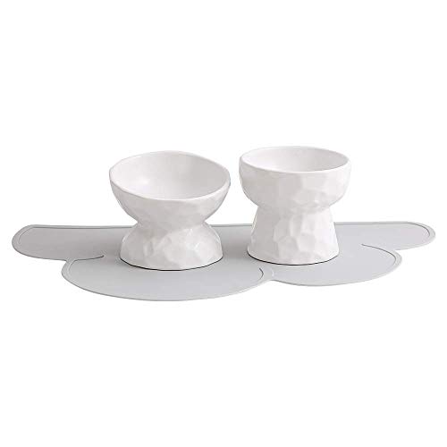 Blanc Gamelle Chat Double Bol Chat Gamelle Chat Surélevée en Ceramique - Bol D'eau et Bol de Nourriture Inclinée Anti Vomissement - Gamelles pour Chats et Petit Chien avec Tapis Antidérapant-Lot de 2