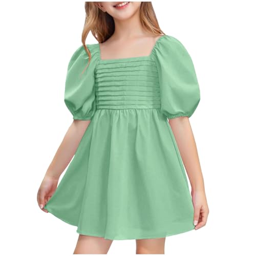 Girls 2025 Summer Dresses Cute Puff Short Sleeve Mini Dress Square Neck Party Casual Dress Smocked Swing Dress 3-12 Y