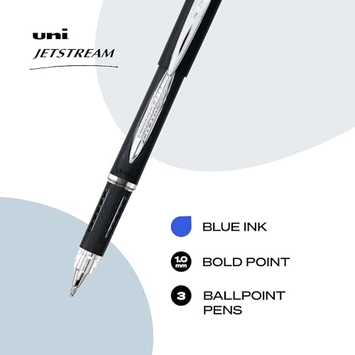 Image of uniball Jetstream Ballpoint Pens, Medium Point (1.0mm), Blue, 3 Pack | Hybrid ink: gel smoothness with ballpoint quick-dry speed, smudge-resistant for left-handed writers, uni Super Ink protection