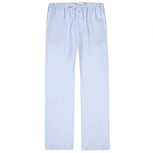 Noble Mount 100% Linen Men's Pajama Lounge Pants for Summer - Stripes Blue-White - Large