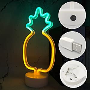 Image of Pineapple Neon Sign, Attivolife Yellow & Green Pineapple Shaped LED Lamp Art Decoration, Accessories for Home Bedroom Party Supplies, Cute Christmas Birthday Gifts