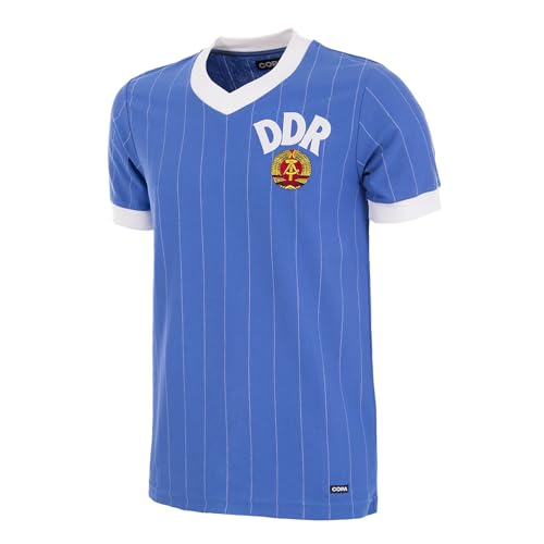 Copa Football - Camiseta de Fútbol - Hombre - Alemania del Este (DDR) 1985 - Retro - Manga Corta - Azul - 50% algodón - 50% poliéster - Talla L