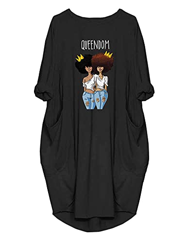 Mupue I Am Black Women Queendom Sister Printed Robe au Genou Ample à Manches Longues et col Rond pour Femmes avec des Poches, des Hauts décontractés-Noir-XXL Cover