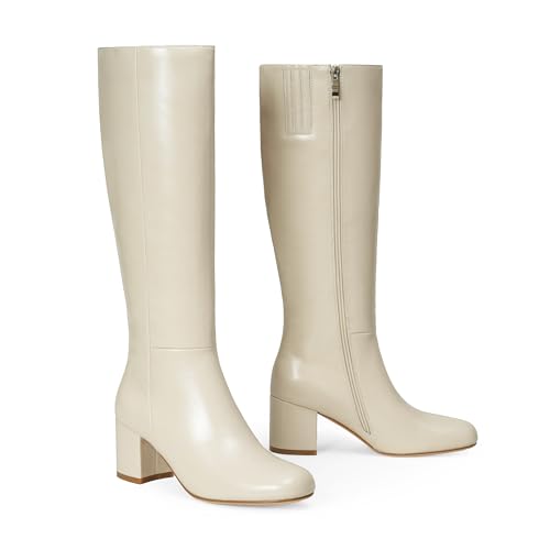 iiimmu Knee High Boots for Women Round Toe Chunky Heel 2.5 IN Tall Boots Side Zip Faux Leather Nude Size 7