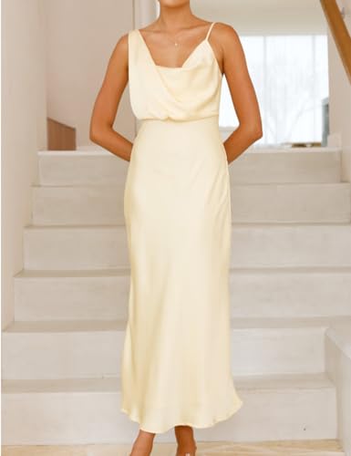 Image of Summer Satin Cowl Neck Midi Dress for Women 2026 Elegant Formal Silk Spaghetti Strap Backless Wedding Guest Dresses