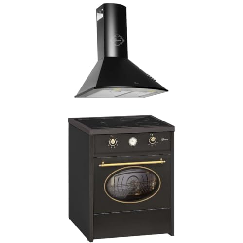 GURARI Herdset GCH E 612 BL r + GCH 046 BL 6, Retro Induktions Standherd 60 cm, Range Coocker, 60 L, Schwarz + Dunstabzugshaube, Wandhaube 60 cm, 1000m3/h, Schwarz, Abluft/Umluft Haube