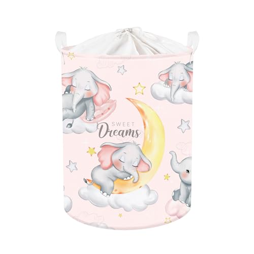 Image of Clastyle Sleeping Elephant Kid Laundry Basket Pink Baby Girls Clothes Hamper for Nursery Collapsible Star Moon Towel Toy Storage Basket with Lid