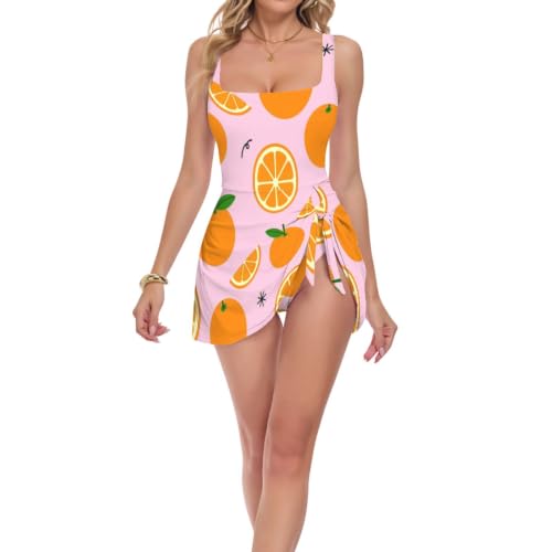 Maillot de bain pour femme orange une pièce avec jupe amovible pour piscine