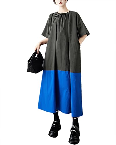 ellazhu Women's Dress Short Puffed Sleeve Patchwork Crewneck Two Side Pockets Tie-Neck Pus Size Casual Fashion Loose GZ595 A