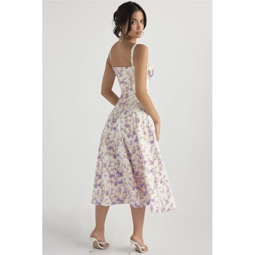 Image of Floral Corset Midi Dress Square Neck A Line Dress with Slit | Square neck floral midi dress with front tie bust wide straps A-line skirt side slit and lightweight fabric