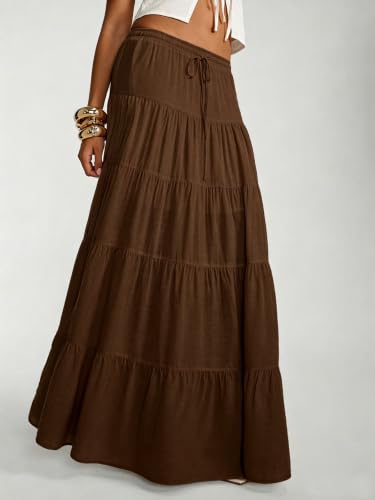 Image of Women's Boho Maxi Skirt Ruffle Flowy Low Rise A Line Beach Long Skirts | Flared Ruffle, Elastic Waist, Summer Vacation Skirts