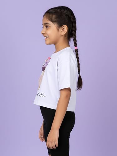 Image of KiddoPanti Girls 100% Cotton Solid Drop Shoulder Half Sleeve Round Neck Crop Tee