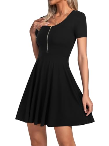 Image of KIFOVEN Women's Skater Dress Short Sleeve Zipper Ruffle Hem Flowy A Line Summer Short Mini Dress