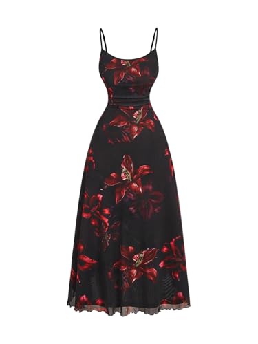 BEAUDRM Women's Plus Size Fall Spring Wedding Guest Dress Floral Boho Maxi Dress Ruffle Summer Vacation Flowy Sundress Red and Black 3X-Large Plus