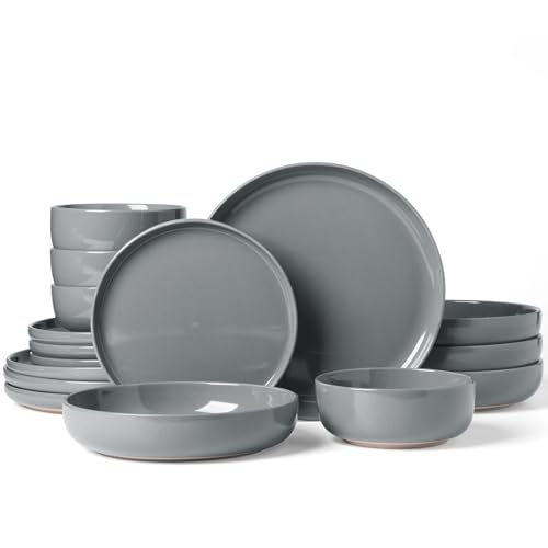 Image of Famiware Milkyway Stoneware Dinnerware Sets with Pasta Bowls, Service for 4 (16 Pieces), Plates and Bowls Sets -Scratch Resistant, Microwave and Dishwasher Safe Dishes Set, Dark Gray