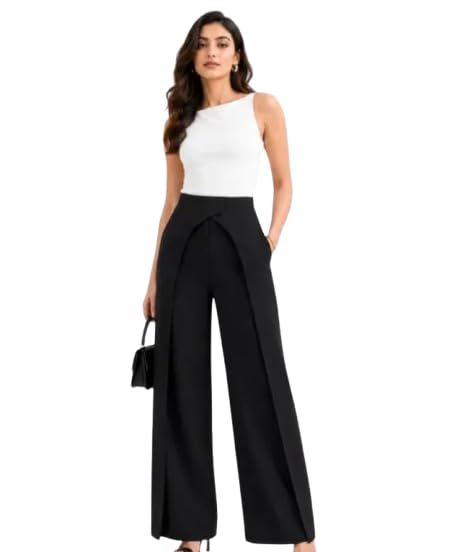 Women's Women's Trendy Beige High-Waist Wide-Leg Front Slit Palazzo Pants for Casual Trousers with Wrap Detail-picture-30