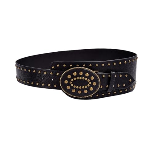 Women's Punk Genuine Leather Belt Studded Wide Cinch Waist Belt Black