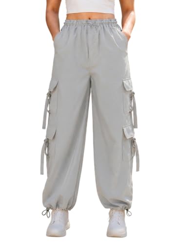 Image of SQew Women's High Waist Baggy Cargo Pants | Loose Fit Parachute Utility Trousers with Multiple Pockets | Casual Streetwear Pants