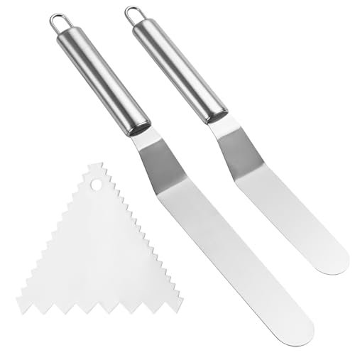 Spatules Coudées à Pâtisserie,2 Pièces Spatule à Palette en Acier Inoxydable avec 1 Grattoir Plastique, Spatule à Etaler le Glaçage de Gâteau avec Poignée de...
