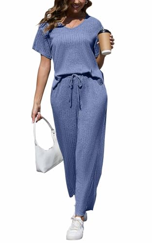 CheChury Conjunto Punto Mujer 2 Piezas Casual Manga Corto Conjunto Chándal Mujer Loungewear Conjunto de Pantalones y Suéteres para Mujer Cómodo Acanalado Corto Top Pantalone Deportivo con Bolsillos