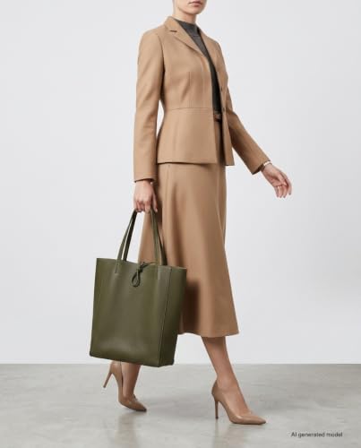 Image of Genuine Italian Leather Tote Bag for Women, Large Slouchy Purse, Olive | Unstructured bag, raw unlined interior with zip pocket, top zipper, side ties, folds flat, fits a 16-inch laptop, lightweight