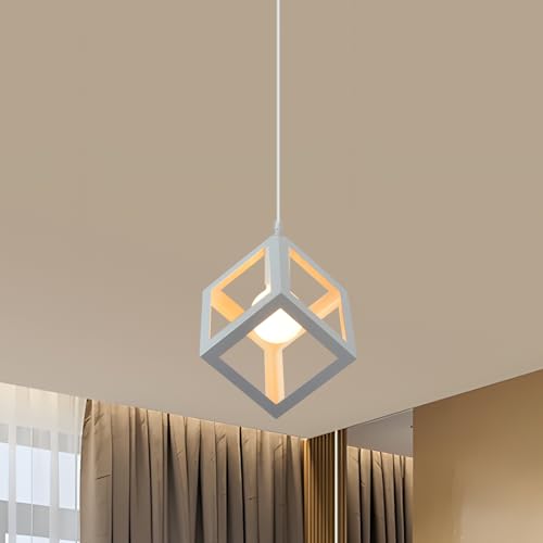 DELIPOP Cubo Lámpara Colgante de Techo Retro, E27 Iluminación de Techo Industrial del Metal, Vintage Colgante de Luz de techo Moderno Creativa Blanco, Perfecta para Cocina/Comedor/Dormitorio