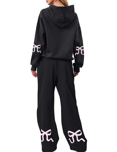 OLAPTA Women 2 Piece Outfits Bow Print Long Sleeve Hoodies Sets Graphic Sweatshirts Baggy Wide Leg Sweatpants Fall Sweatsuits