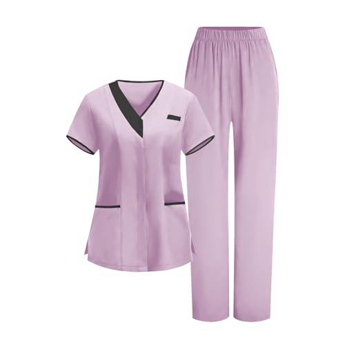 Image of 2026 Scrub for Cleaning Jobs Uniform, Multi Pockets Scrubs for Women Sets, V-Neck Top & Straight Leg Pants Scrubs Set