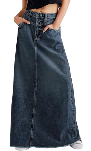 chouyatou Women's Vintage A-Line Frayed Maxi Denim Skirt