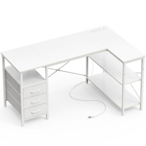 Image of Huuger L Shaped Office Desk with Power Outlets & 3 Drawers | 47 Inch Computer Desk with Shelves, for Gaming, Corner Work, Home Office, Study, White