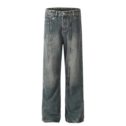 Jeans Pants Trouser Denim Retro Trendy Street Irregular Commuter Washed Blue Straight Leg for Men3