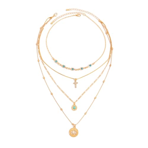 Gaodercha Cross Multi-Layer Clavicle Chain Imitation Turquoise Hollow Lotus Pendant Necklace Gold Color Copper Alloy Material Necklace For Daily Wear Party Outfits
