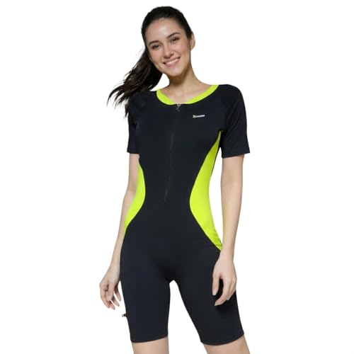 Image of ROVARS Swimming Suit for Women One Piece Swim Suit Set Knee Length Swimming Costume Stretchable Swimwear Ladies Swimsuit Flexible Fit Swim Dress Black Lemon