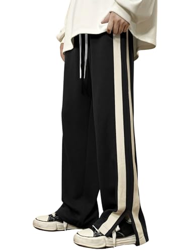 Image of GRECIILOOKS Men's Wide Leg Track Pants with Contrast Side Panel, Relaxed Drawstring Fit Streetwear Trousers, Poly Blend Casual Joggers
