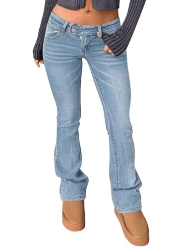 Yegirlzs Jeans Femme Flared Bootcut Jean Y2K Taille Basse Jeans Casual Stretch Vintage Décontracté Elastique Jean B Bleu Clair L