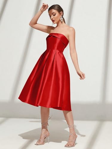 Image of Strapless Satin A-Line Cocktail Dress for Women - Elegant Prom, Wedding,Formal Evening Gown with Pleated Skirt