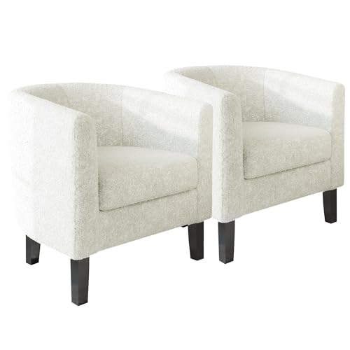 Image of BELLEZE Accent Barrel Chair Set of 2, Linen Round Chair Club Tub Sofa Corner Chair with Flared Legs and Cozy Soft Padding for Living Room Bedroom Waiting Room - Teddy White