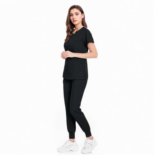 Meichoon Set de uniformes médicos de enfermera con cuello redondo y 4 bolsillos, pantalón ajustado y elástico para limpieza bucal de mascotas DK07 Negro Mediano