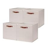 HNZIGE Foldable Storage Cubes Bins for Organizing, Set of 4, Fabric Cube Canvas Storage Bins 11 x11, Collapsible Bins for Organization with Handles for Shelf Nursery(Beige)