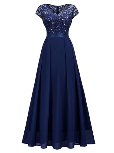 Image of Miusol Women's V-Neck Sequined Floral Lace Formal Evening Maxi Dress