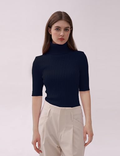 Image of v28 Women Turtleneck 1 /2 Half Sleeve Highly Stretchy Ribbed Knit Fitted Sweater
