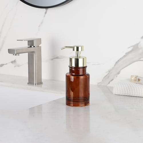 Image of H Halston Amber Glass Foaming Soap Pump Dispenser, Foaming Soap or Liquid handoap compatable, Durable, Refillable, Bathroom and Kitchen Countertop, Bathroom, Home Decor, Amber Glass with Gold Pump top