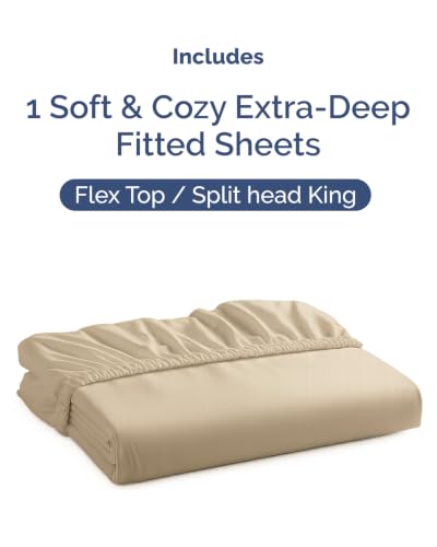 Image of Extra Deep Flex Top Split Head King Fitted Sheet - Hotel Luxury Single Fitted Sheet Only - Easily Fits 18 inch to 24 inch Mattress - Ultra Soft, Wrinkle Free w /Extra Deep Pockets - Beige