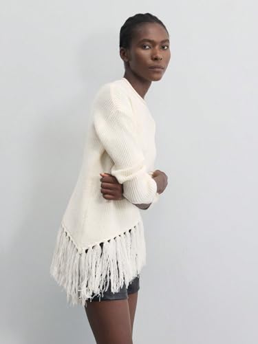 Image of SweatyRocks Women's Long Sleeves Sweater Crew Neck Solid Color Fringe Hem Knitted Pullovers Tops Apricot M