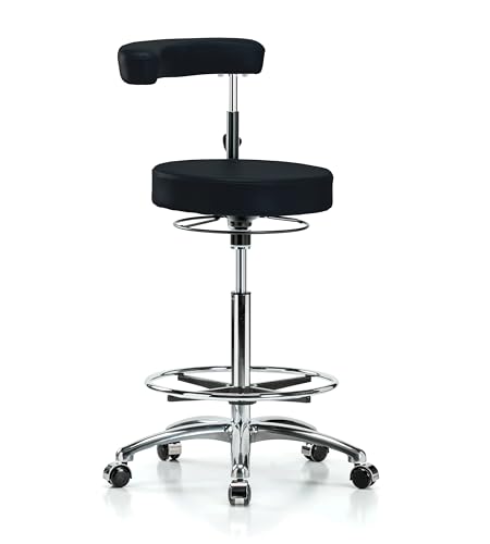 Image of Perch Chrome Rolling Dental Stool Adjustable Height with Procedure Arm and Foot Ring | High Bench Height 24.5-32 inch | Black Vinyl