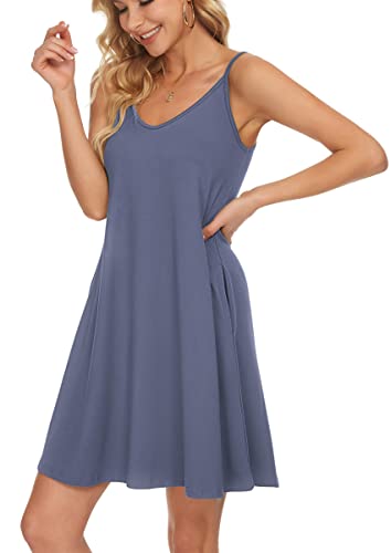 Image of MISFAY Women's Summer Spaghetti Strap Casual Swing Tank Beach Cover Up Dress with Pockets