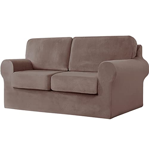 jianyana Ektorp Sofa Covers, Sofa Cover 2 Seater Stretch Velvet Sofa Cover T-shaped Couch Slipcover with Elastic Adjustment Band with Cushions and Backrests Covers (Taupe, 2 Seater-5Pieces)