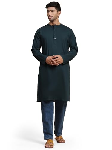 Image of Amazon Brand - Anarva Men's Cotton Solid Round Neck Kurta Long Sleeves Straight Knee Length Casual Shirt