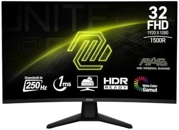 msi MAG 32C6X 31.5-inch 1920 x 1080 (FHD) Computer Monitor, 250Hz, Adaptive-Sync, HDR Ready, HDMI, VGA Port, Display Port, VESA Mountable, Tilt, Speaker, 1ms, Black