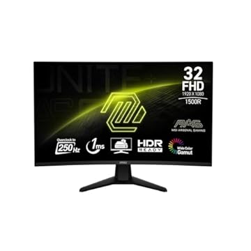 MSI Monitor de computador MAG 32C6X 80.0 cm 1920 x 1080 (FHD), 250Hz, Adaptive-Sync, HDR Ready, HDMI, VGA Port, DisplayPort, VESA Mountable, Tilt, Speaker, 1ms, Preto